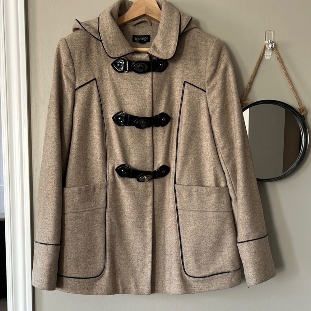 Topshop Tan and Black Pea Coat with Hood and Toggle Closures